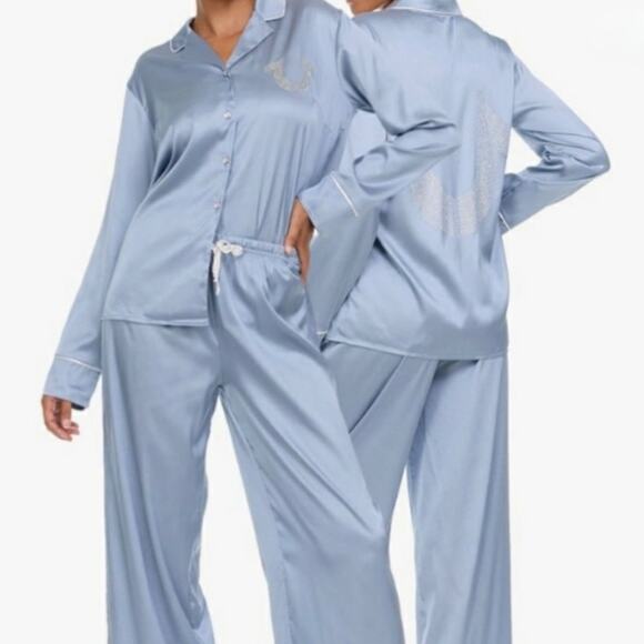 True Religion Pajama Set Blue Satin Rhinestone Bling New with Imperfections | M - Picture 2 of 7